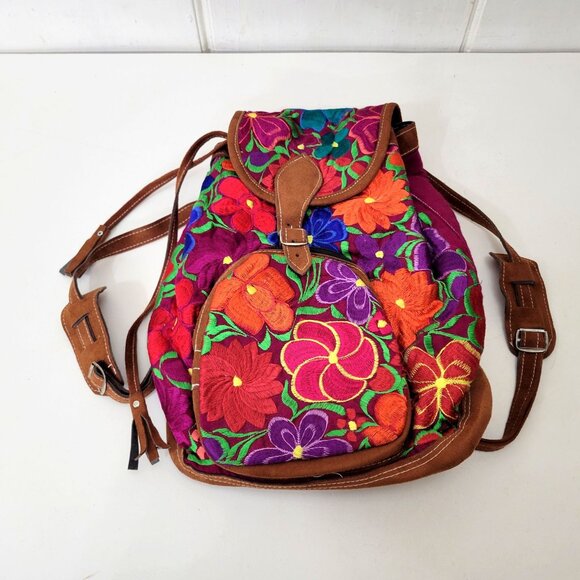 Handcrafted Floral Embroidered Cotton & Faux Suede Backpack - Picture 1 of 9